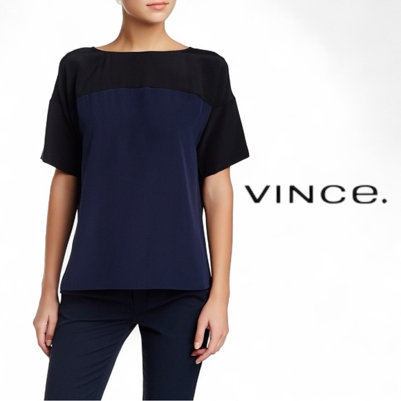 Vince Tops - VINCE NAVY BLUE BLACK SILK RAYON SHORT SLEEVE TOP SZ S